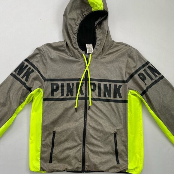 Pink Women’s M/L Victoria’s Secret Zip Hoodie Jacket Windbreaker Neon Yellow - Picture 4 of 12
